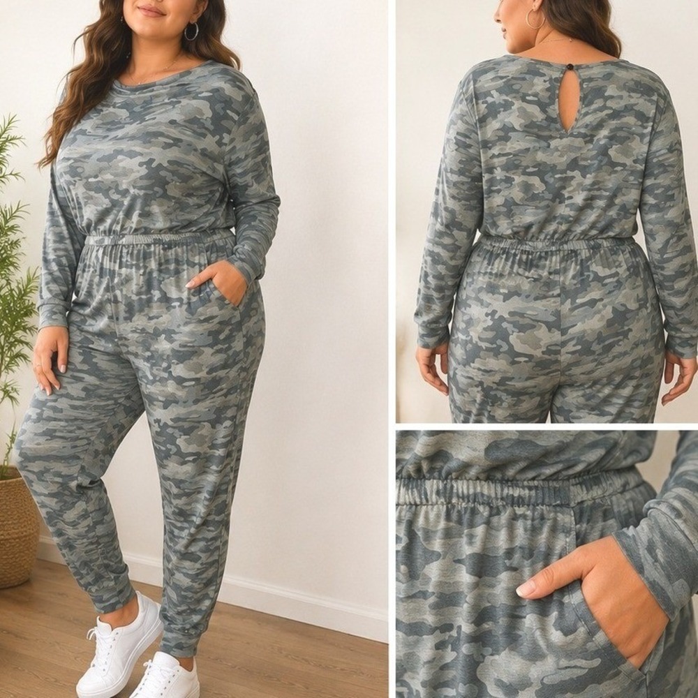 PrettyGarden Womens Camo Long‎ Sleeve Elastic Waist Jumpsuit XL Green Gray